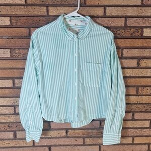 American Eagle Medium Green and White Striped Clubhouse Cropped Shirt